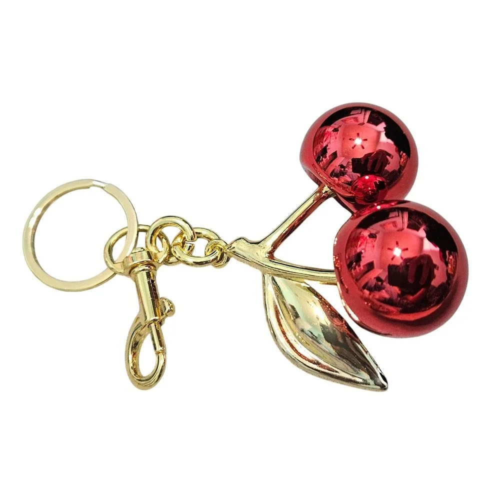 Red Cherry Keychain Gold Tone Bag Charm Fruit Key Ring Accessory Retro Coquette